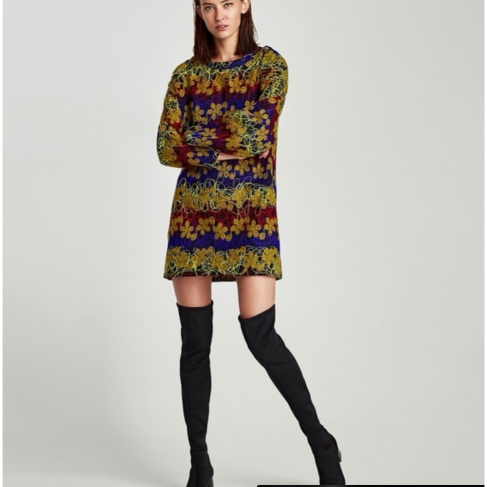 Zara Mod Geometric Squiggly Line Floral Print Mini Dress Size S